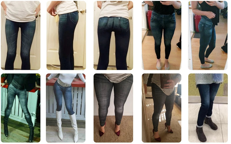 Calças legging feminina, cintura alta, falso denim, push up, sem costura, casual, elástico, bolso, jeans, lápis