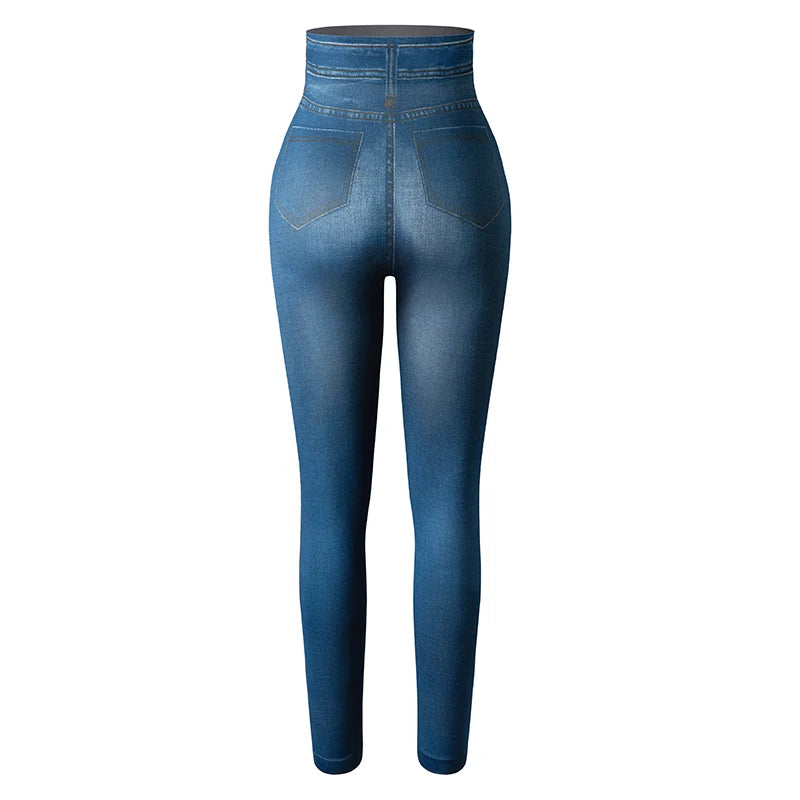 Calças legging feminina, cintura alta, falso denim, push up, sem costura, casual, elástico, bolso, jeans, lápis