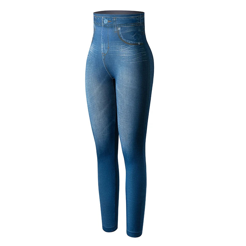 Calças legging feminina, cintura alta, falso denim, push up, sem costura, casual, elástico, bolso, jeans, lápis