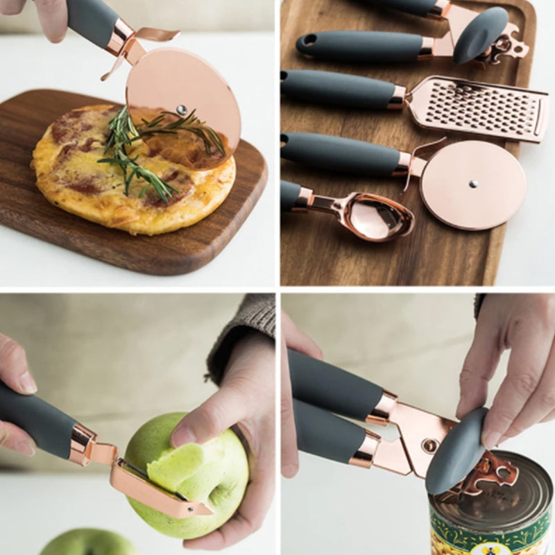 Conjunto de utensílio de cozinha Walfos 7 peças Utensílios de aço inoxidável revestido de cobre com toque suave ouro rosa Prensa de alho Cortador de pizza Walfos