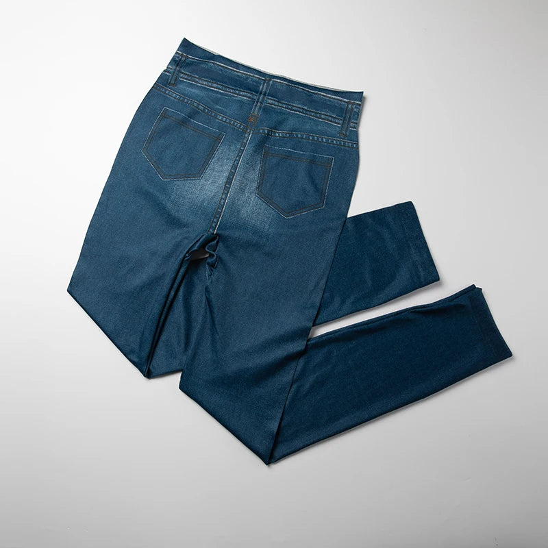 Calças legging feminina, cintura alta, falso denim, push up, sem costura, casual, elástico, bolso, jeans, lápis