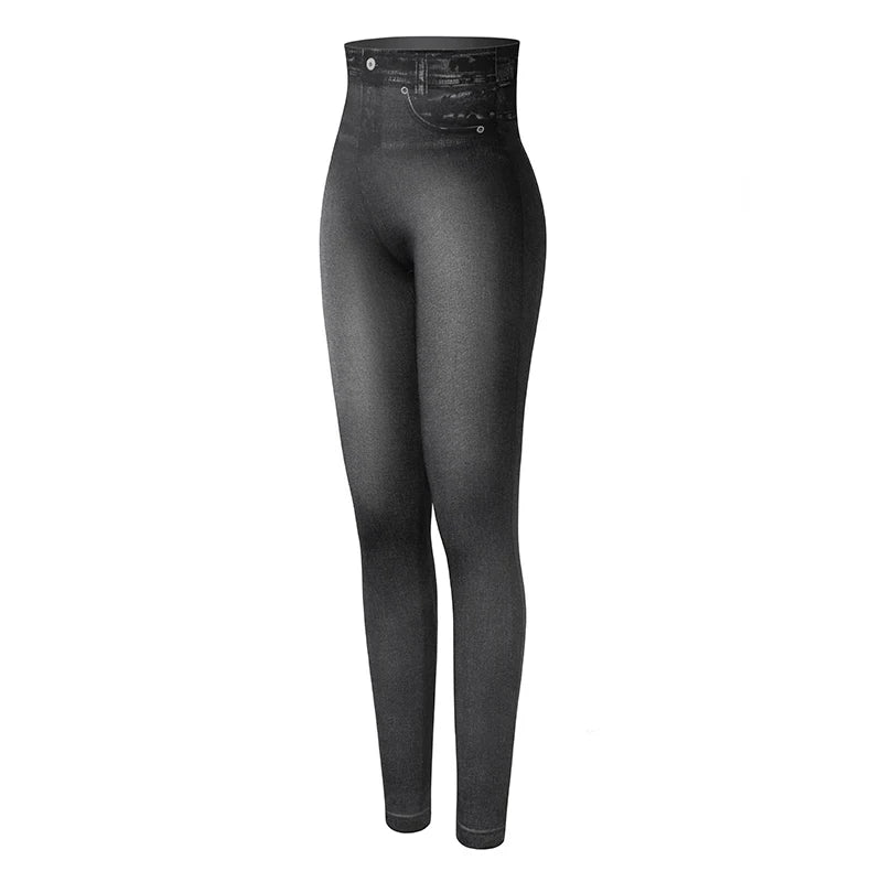 Calças legging feminina, cintura alta, falso denim, push up, sem costura, casual, elástico, bolso, jeans, lápis