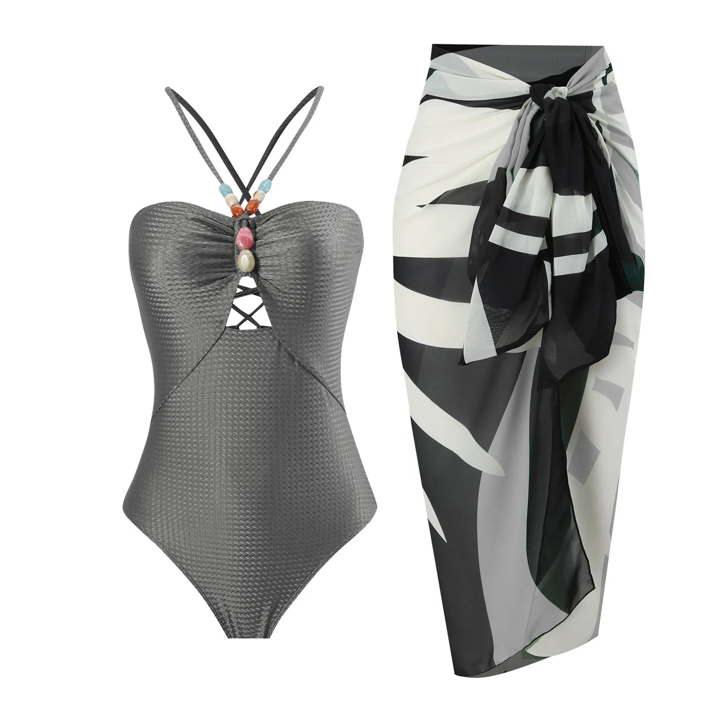 Conjunto de biquíni feminino, com aplicações de miçangas, maiô sexy vazado, de duas peças com alças no pescoço, e saia de saída de praia.