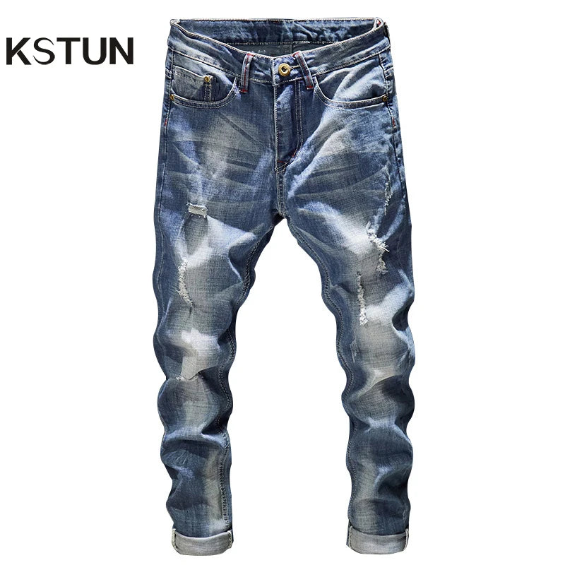 Calças de brim rasgadas masculinas ajuste fino luz azul estiramento moda streetwear desgastado hip hop angustiado casual calças jeans masculinas