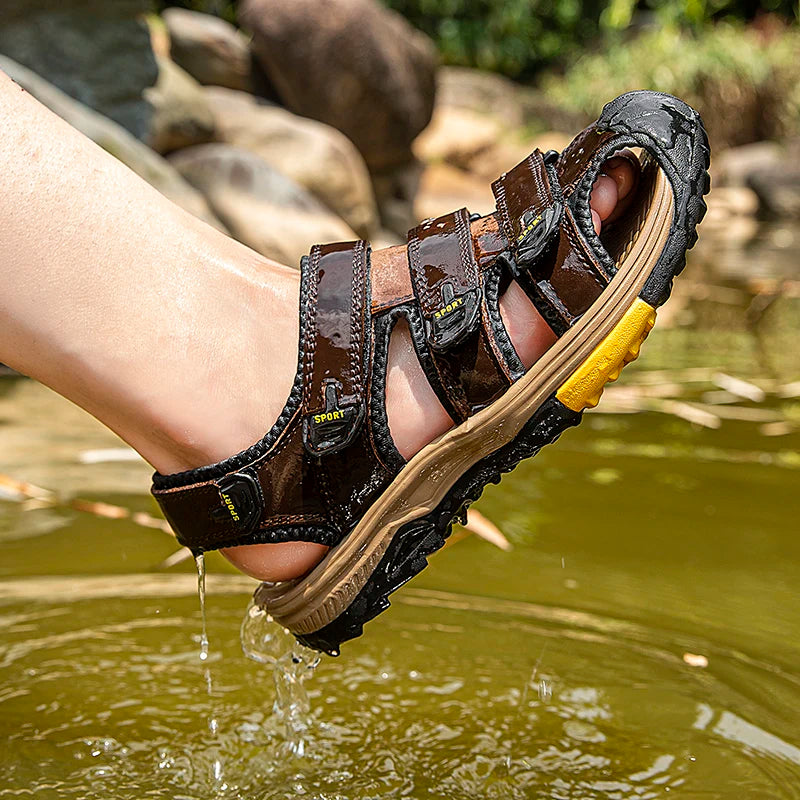 Sandálias masculinas de couro genuíno sapatos casuais ao ar livre confortável respirável sandálias de praia tênis de moda romana