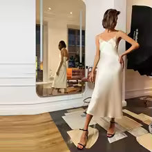 Vestido feminino de cetim com decote em V profundo, sexy, liso, reto, pijama, vestido de festa, elegante, feminino, verão, alças finas, casual