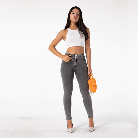 Calça jeans feminina Shascullfites Skinny Fit elástica, cinza lavado, compressão, para academia, uso ativo