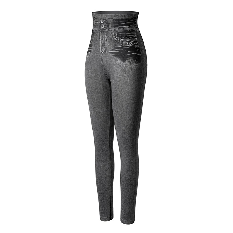 Calças legging feminina, cintura alta, falso denim, push up, sem costura, casual, elástico, bolso, jeans, lápis