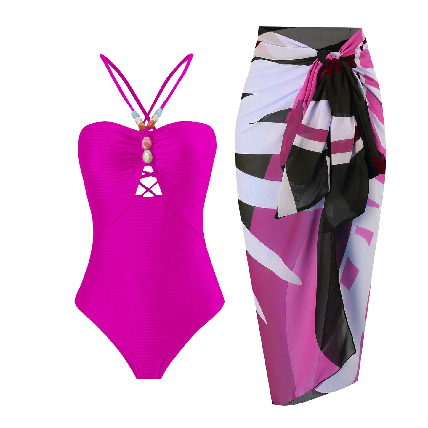 Conjunto de biquíni feminino, com aplicações de miçangas, maiô sexy vazado, de duas peças com alças no pescoço, e saia de saída de praia.