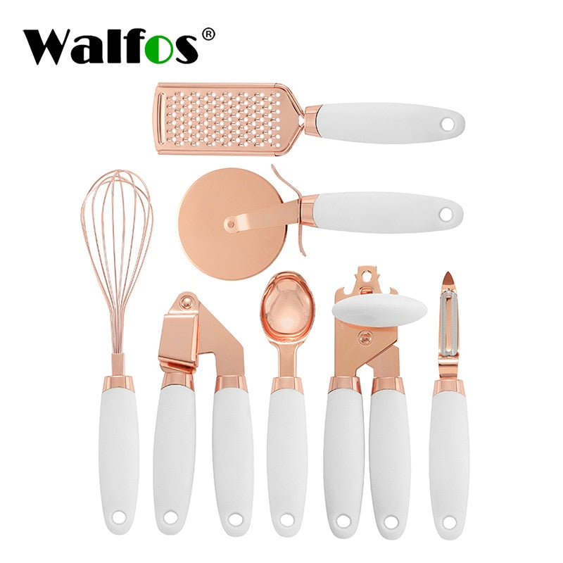 Conjunto de utensílio de cozinha Walfos 7 peças Utensílios de aço inoxidável revestido de cobre com toque suave ouro rosa Prensa de alho Cortador de pizza Walfos