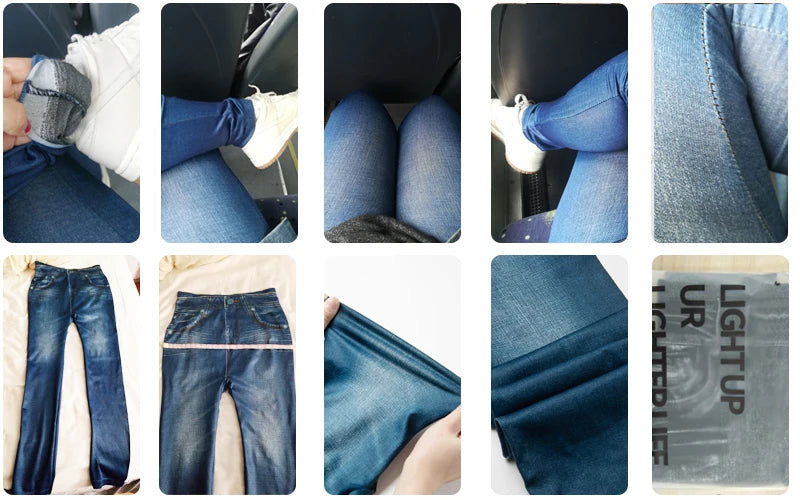 Calças legging feminina, cintura alta, falso denim, push up, sem costura, casual, elástico, bolso, jeans, lápis