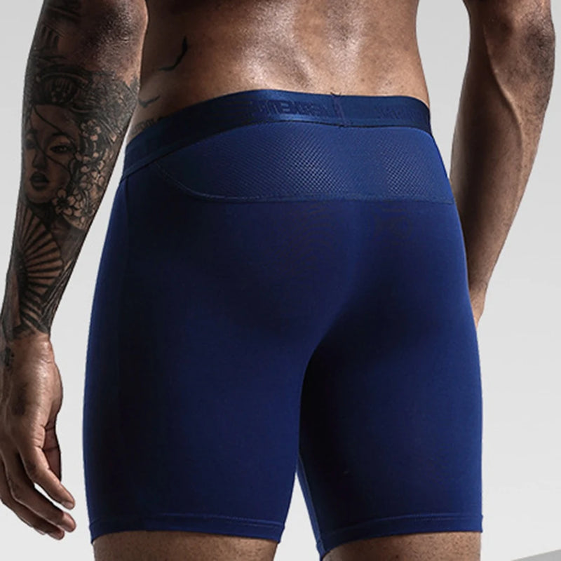 Cueca masculina esportiva alongada anti desgaste perna modal seda gelo malha boxer masculina cueca sólida