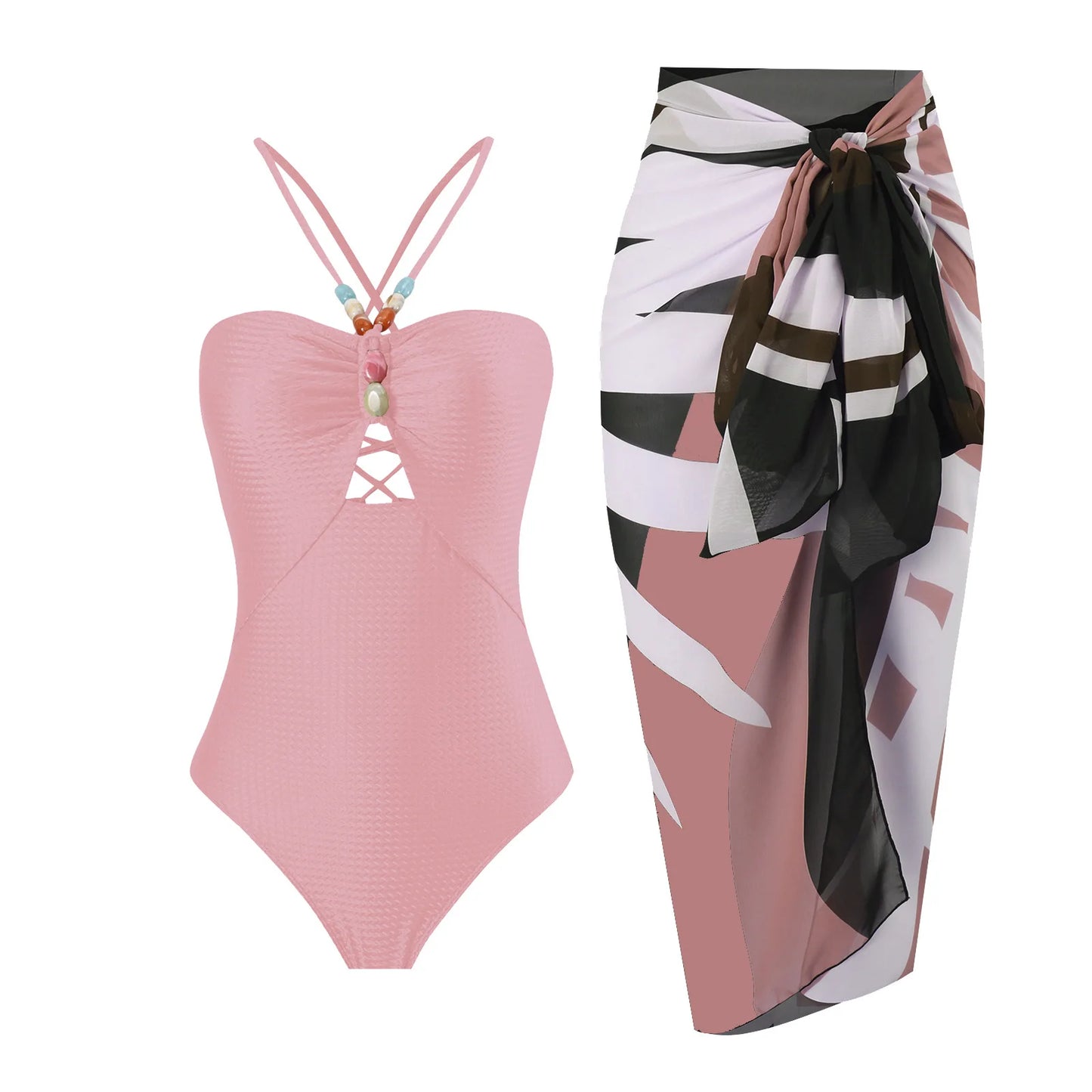 Conjunto de biquíni feminino, com aplicações de miçangas, maiô sexy vazado, de duas peças com alças no pescoço, e saia de saída de praia.