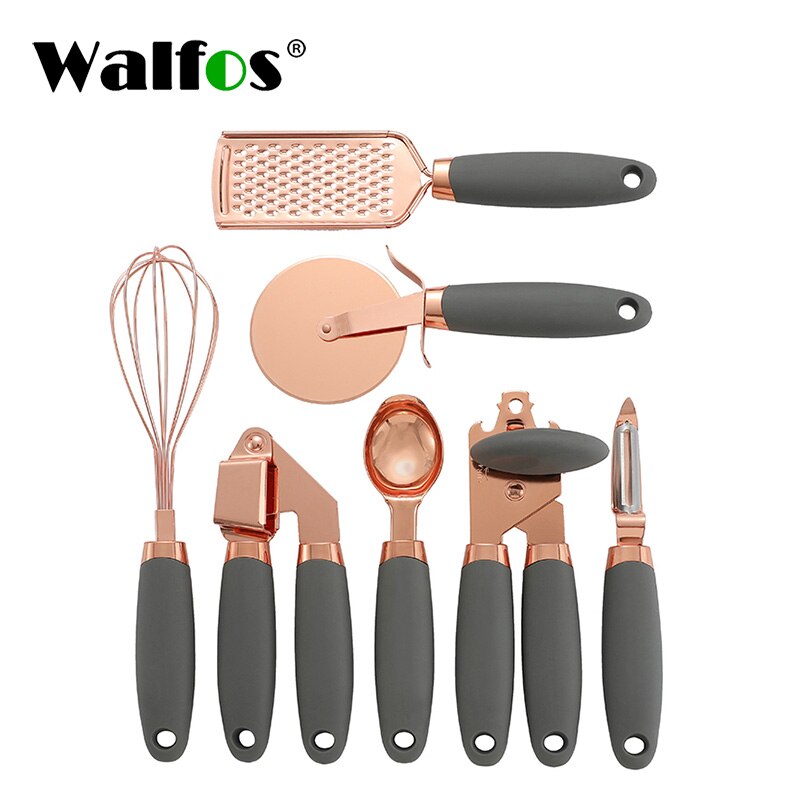 Conjunto de utensílio de cozinha Walfos 7 peças Utensílios de aço inoxidável revestido de cobre com toque suave ouro rosa Prensa de alho Cortador de pizza Walfos