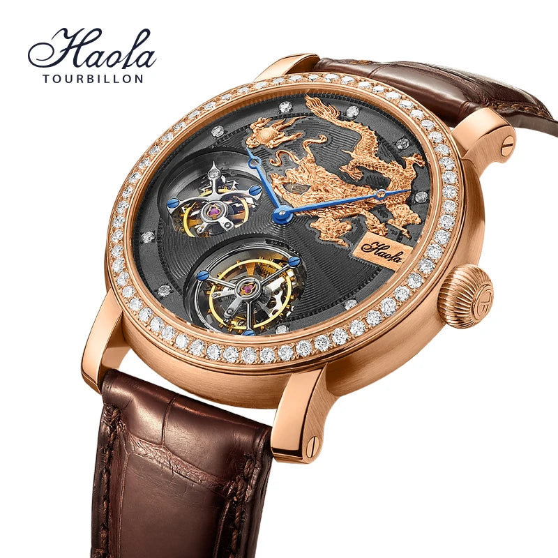 Relógio Masculino Safira K002 Luxo 18K Ouro Duplo Tourbillon Movimento Esqueleto Relógio Masculino Manual Mecânico Diamante Rosa