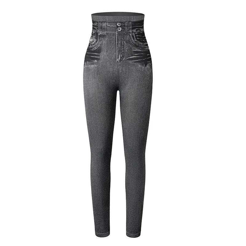 Calças legging feminina, cintura alta, falso denim, push up, sem costura, casual, elástico, bolso, jeans, lápis