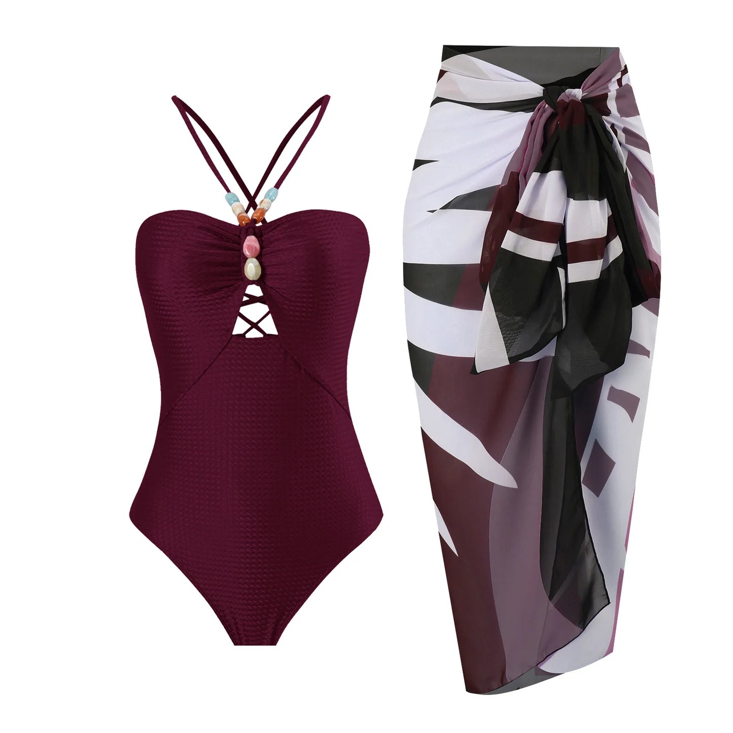 Conjunto de biquíni feminino, com aplicações de miçangas, maiô sexy vazado, de duas peças com alças no pescoço, e saia de saída de praia.