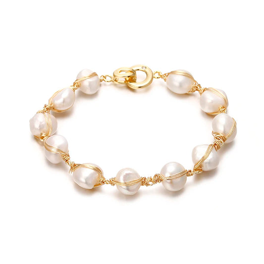 Pulseira feminina, de ouro 14K, artesanal de pérolas naturais de água doce