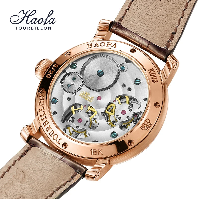 Relógio Masculino Safira K002 Luxo 18K Ouro Duplo Tourbillon Movimento Esqueleto Relógio Masculino Manual Mecânico Diamante Rosa