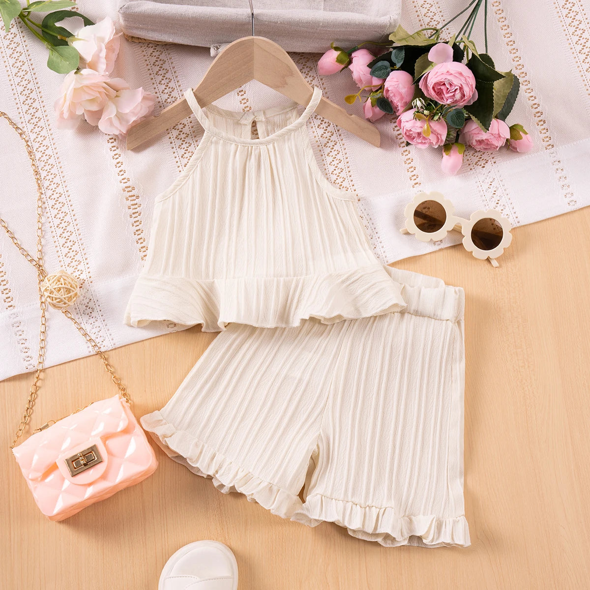 Conjunto infantil de menina, moda de verão, sem mangas com babados, regata e shorts cor sólida, duas peças