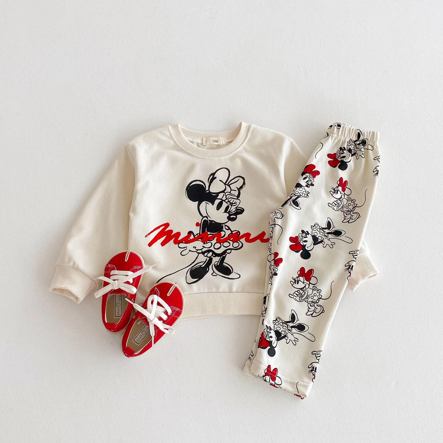 Conjunto infantil de menina, 2 peças, impressão dos desenhos animados, minnie, manga longa, moletom + calças