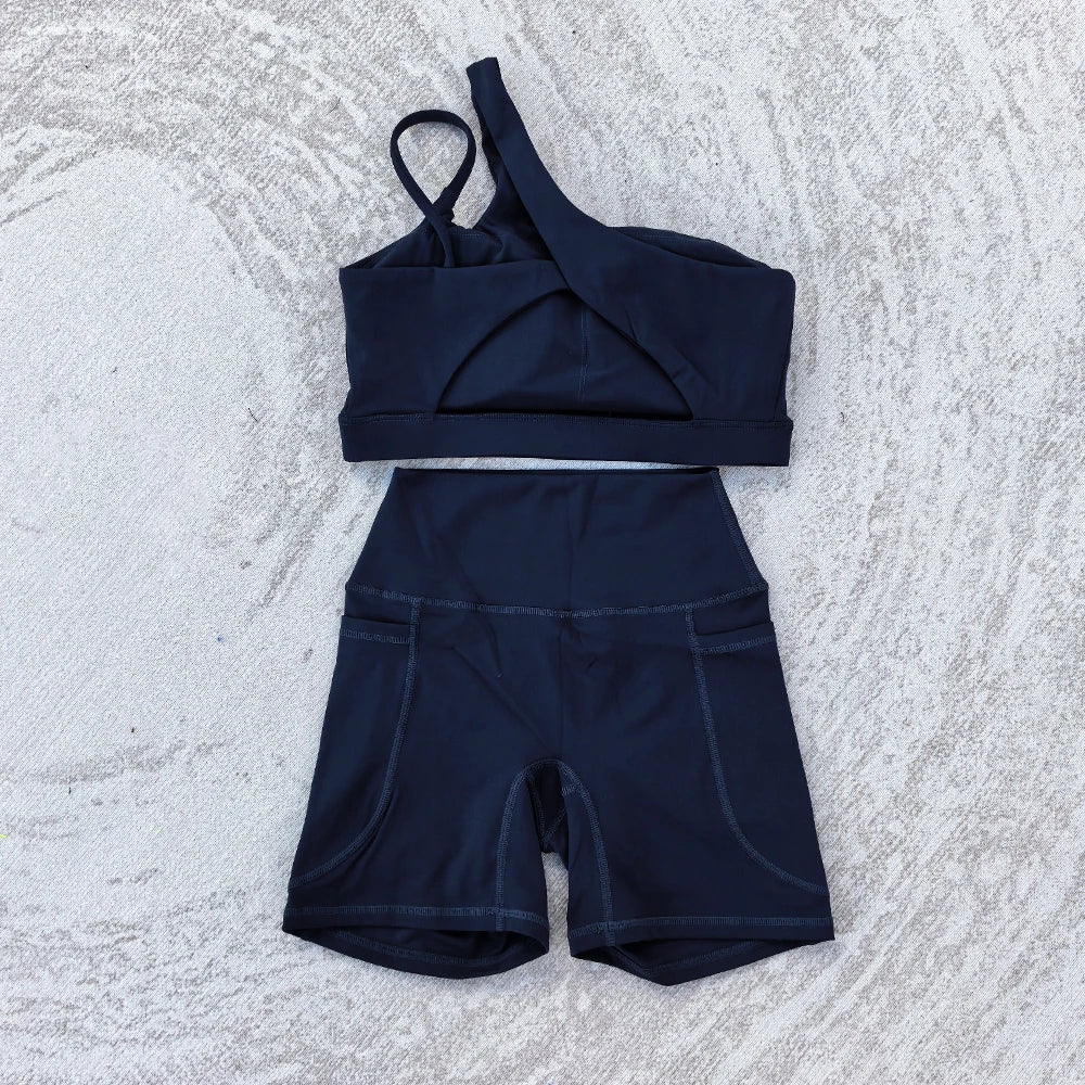 Conjunto feminino sexy, 2 pçs, sutiã esportivo e shorts com bolso, cintura alta, esportes, yoga, treino, sporstwear