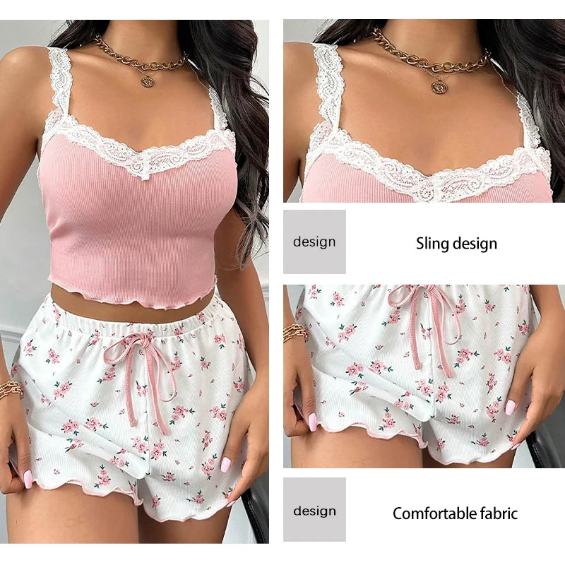 Conjunto de pijama feminino de malha com nervuras, shorts de flores, alça de ombro, 2 peças