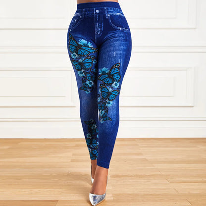 Calças de grandes dimensões femininas cintura alta elástico legging denim olhar magro jeggings senhoras moda impressão lápis