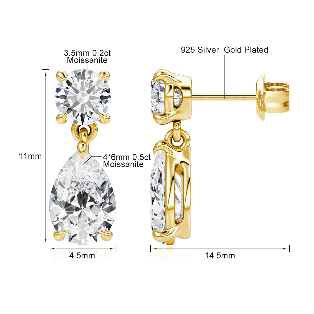 Brincos feminino de gota completo, brilhantes, moissanite, diamante d vvs1, 18k, banhado a ouro, 925 prata