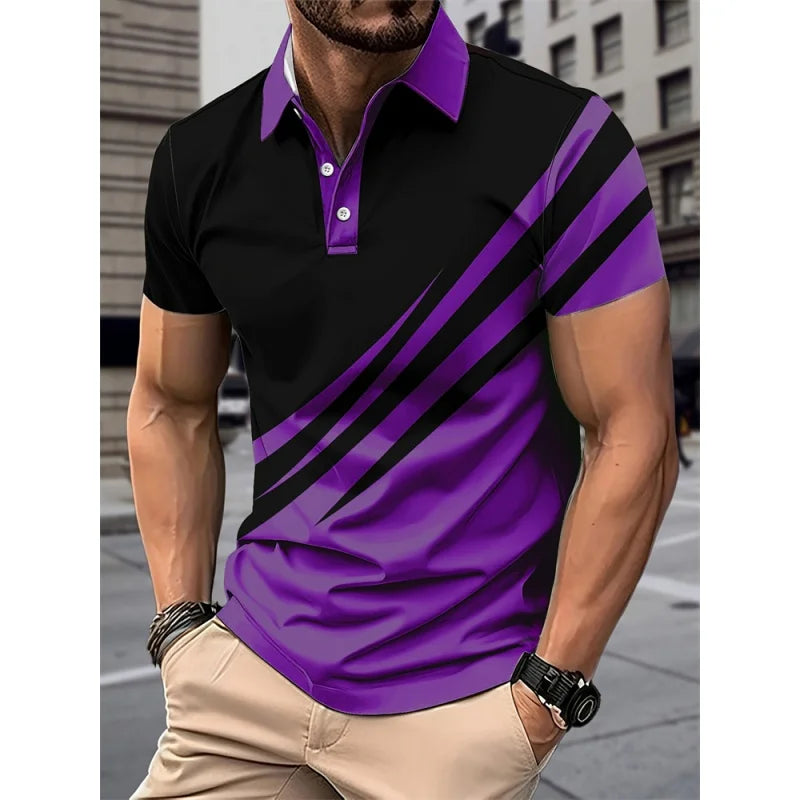 Camisa polo masculina, padrão geométrico colorido, impressão 3D, manga curta, verão, casual, lapela, tops grandes dimensões