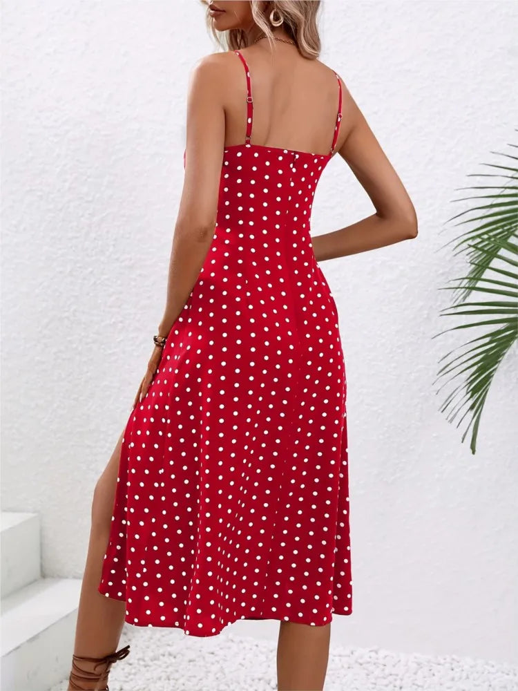 Vestido de Verão, Sexy, Com Alças Finas, Moda Feminina, Estampa de Bolinhas, Sem Mangas, Fenda, Boho, Casual, Midi