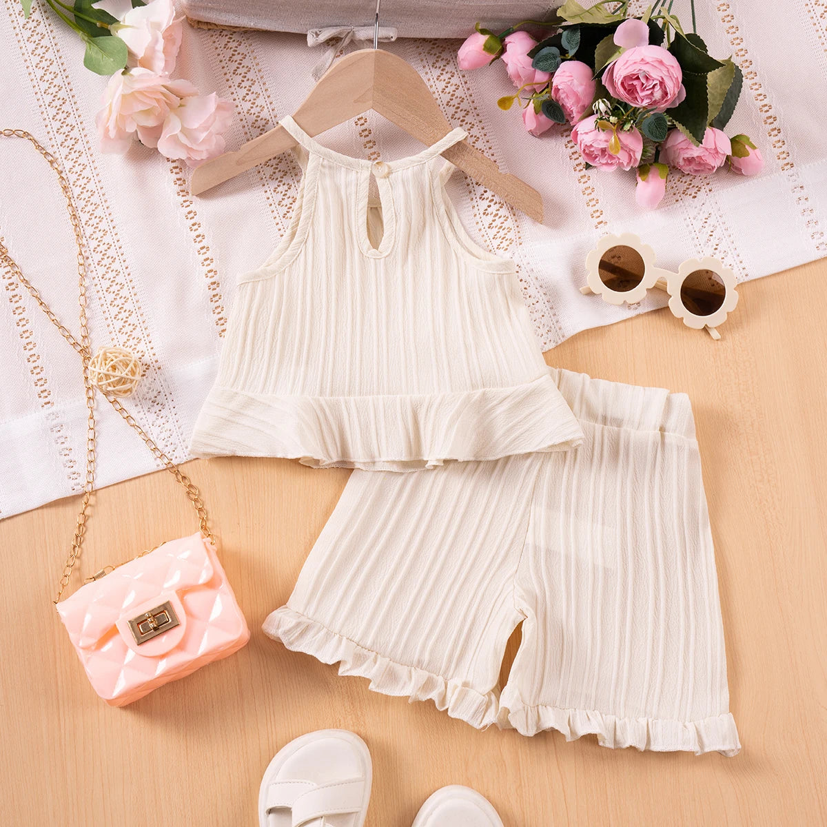 Conjunto infantil de menina, moda de verão, sem mangas com babados, regata e shorts cor sólida, duas peças