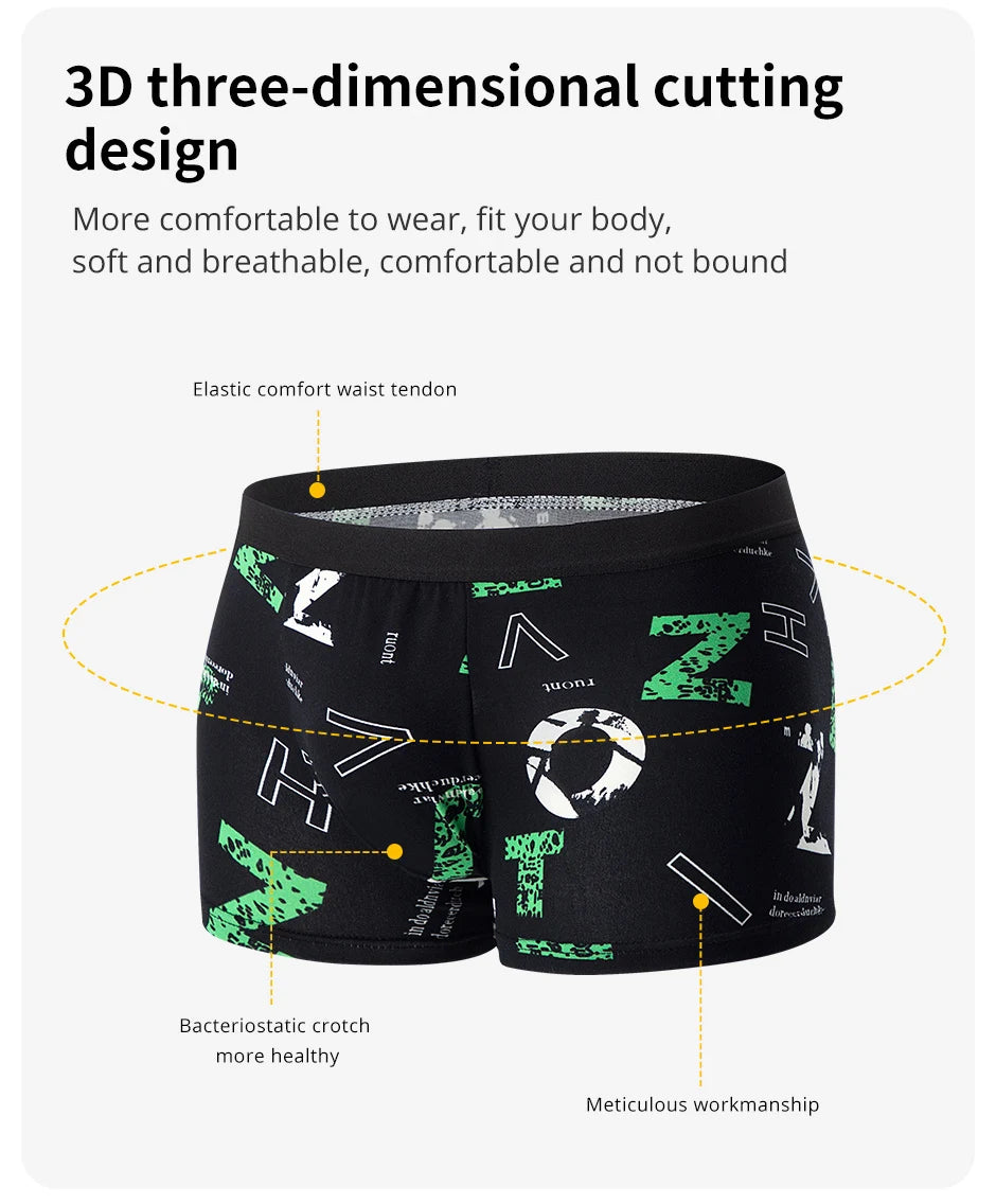 Conjunto de 4 peças de roupa íntima masculina com estampa de letras em inglês, respirável, elegante, confortável, plus size, boxer adolescente