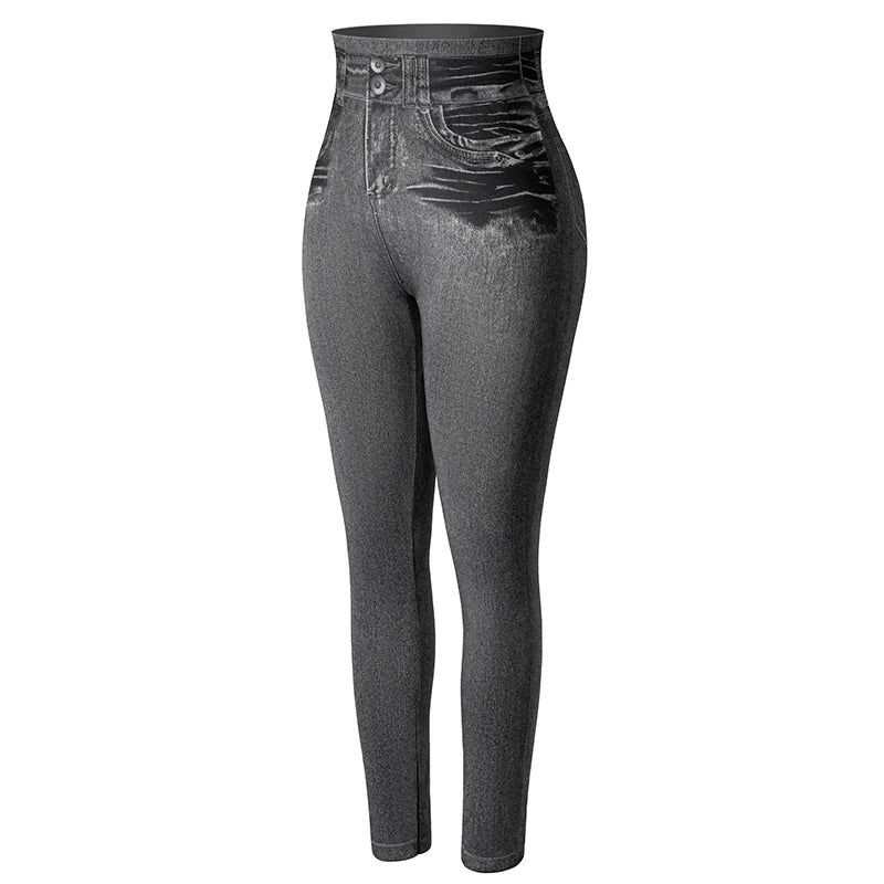Calças legging feminina, cintura alta, falso denim, push up, sem costura, casual, elástico, bolso, jeans, lápis