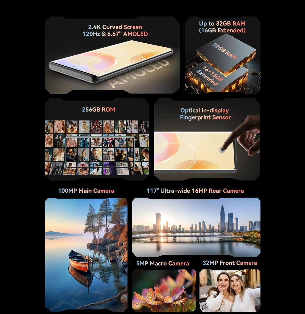CUBOT X90, Smartphone Android 14, Tela curva AMOLED de 6,67 polegadas de 120 Hz, 32 GB de RAM (16 GB + 16 GB estendidos), 256 GB de ROM