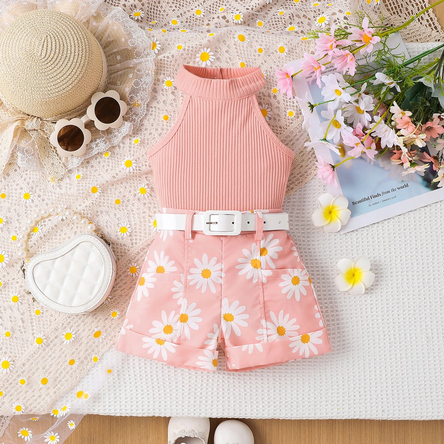 Conjunto infantil Estilo para meninas 1-4 anos de idade, 3 peças, confortável, doce pit strip colete + shorts com padrão impresso