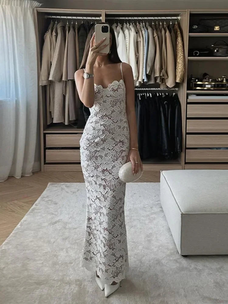 Vestido longo estampado com renda vazada sólida, estilo sling, sexy, com renda, costas nuas, verão, novo, elegante, para festa à noite