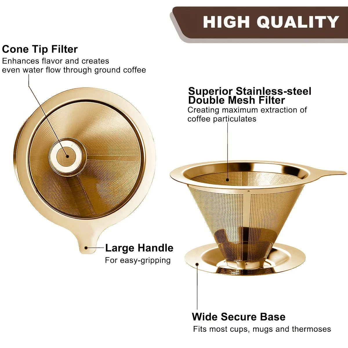 Filtro de café, de gotejamento, de aço inoxidável, copo de filtro de malha reutilizável, de camada dupla, de 1-2 copos