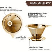 Filtro de café, de gotejamento, de aço inoxidável, copo de filtro de malha reutilizável, de camada dupla, de 1-2 copos