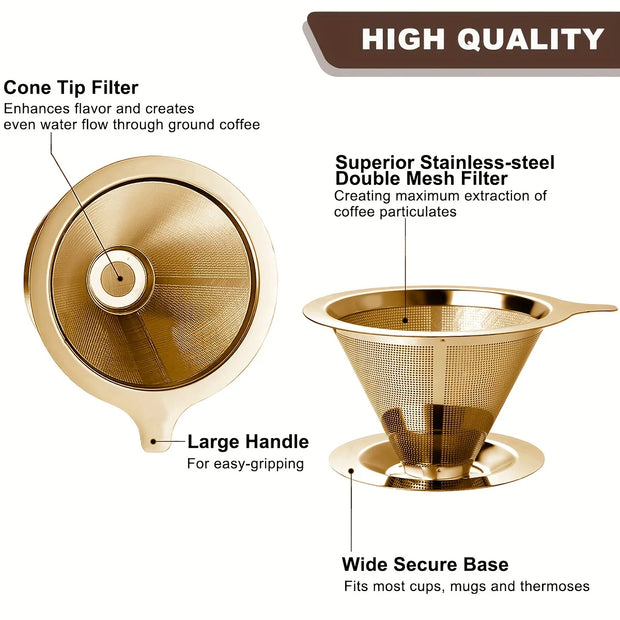 Filtro de café, de gotejamento, de aço inoxidável, copo de filtro de malha reutilizável, de camada dupla, de 1-2 copos