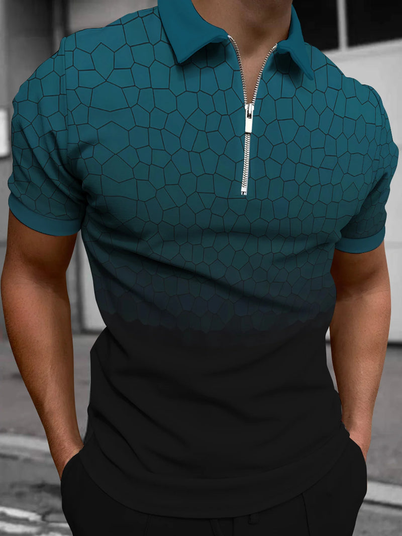 Camisa polo casual masculina com estampa gradiente 3d, manga curta, lapela, zíper, camisa respirável