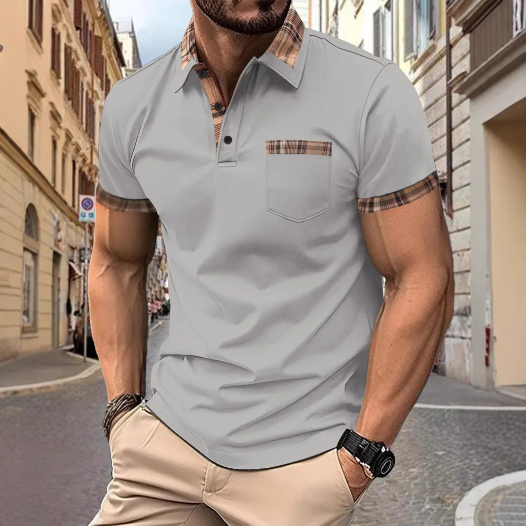 Camisa polo masculina, top esportiva, casual, confortável, de verão, manga curta, com retalhos, de cor sólida, e bolsos falsos