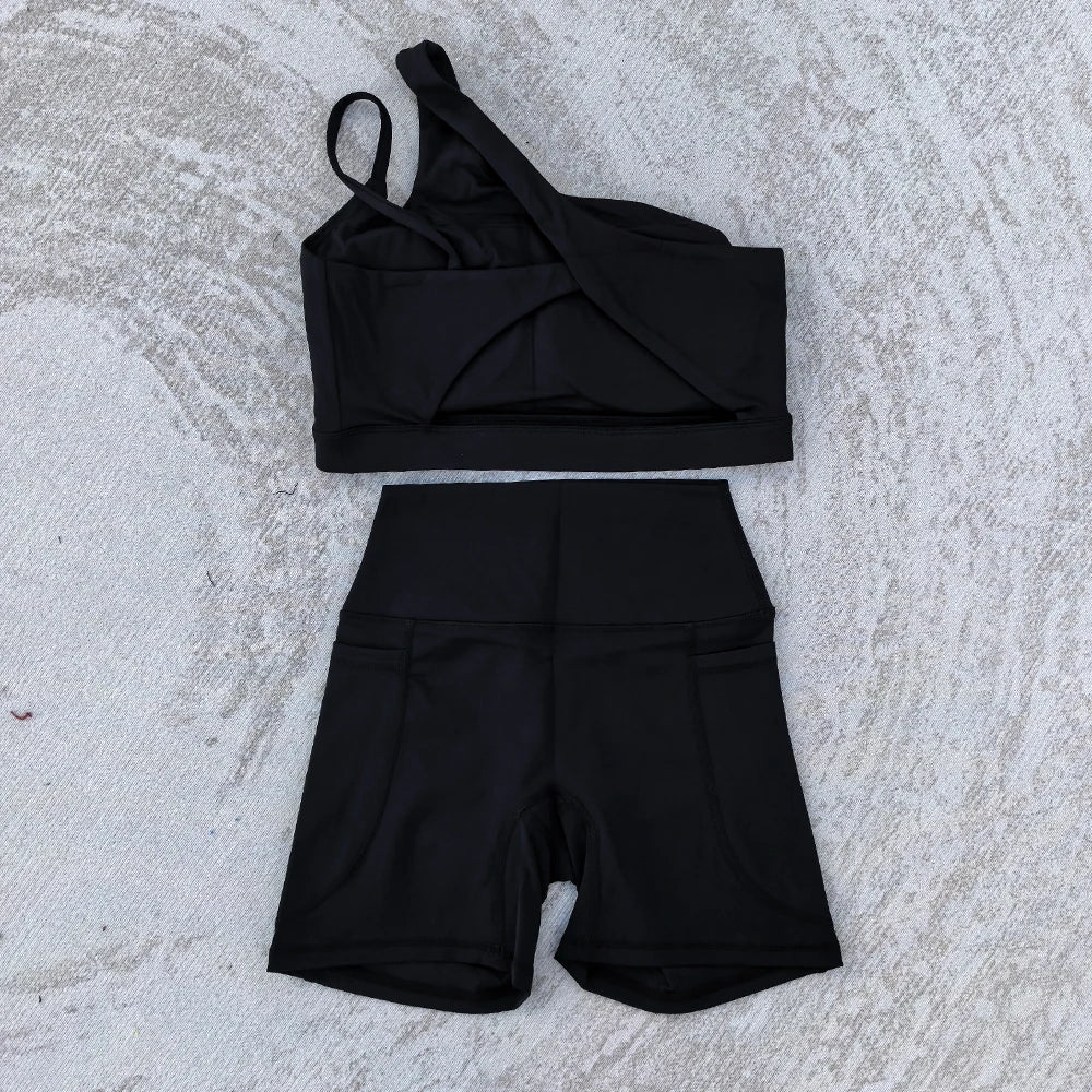 Conjunto feminino sexy, 2 pçs, sutiã esportivo e shorts com bolso, cintura alta, esportes, yoga, treino, sporstwear