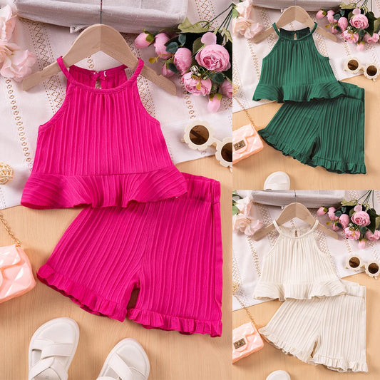 Conjunto infantil de menina, moda de verão, sem mangas com babados, regata e shorts cor sólida, duas peças