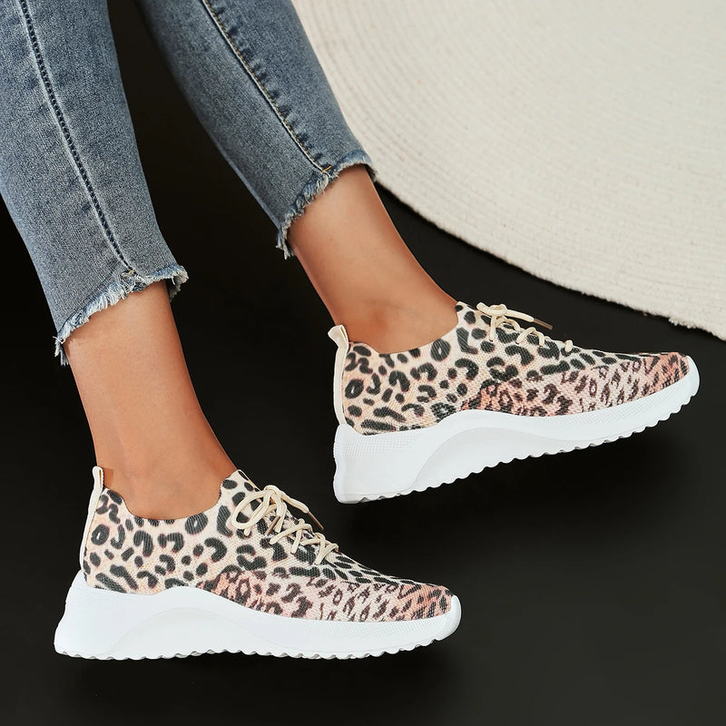 Tênis de malha feminino moda leopardo outono 2023 confortável deslizamento em fundo macio sapatos casuais mulher plataforma apartamentos tênis