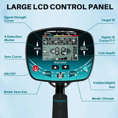 Detetor de metais subterrâneo com bobina de pesquisa à prova d'água IP68 de 9,8 polegadas