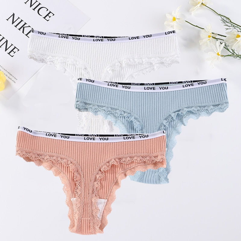 3 pçs/lote Tanga de Algodão Sexy Feminina Renda Cintura Baixa Calcinha Lingerie Feminina Cueca Cueca Lingerie Feminina O Badalo do sino