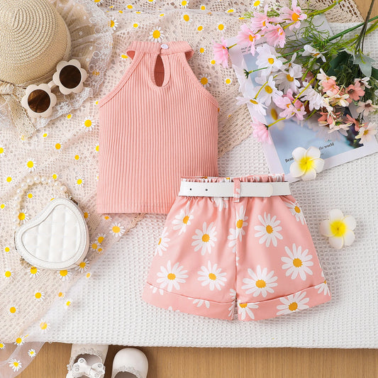 Conjunto infantil Estilo para meninas 1-4 anos de idade, 3 peças, confortável, doce pit strip colete + shorts com padrão impresso