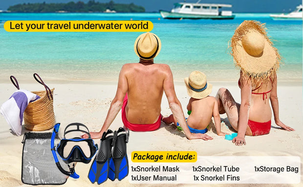 Conjunto snorkel, máscara fin para adulto, vista panorâmica, máscara ajustável, mergulho flipper seco superior, snorkel com saco de viagem