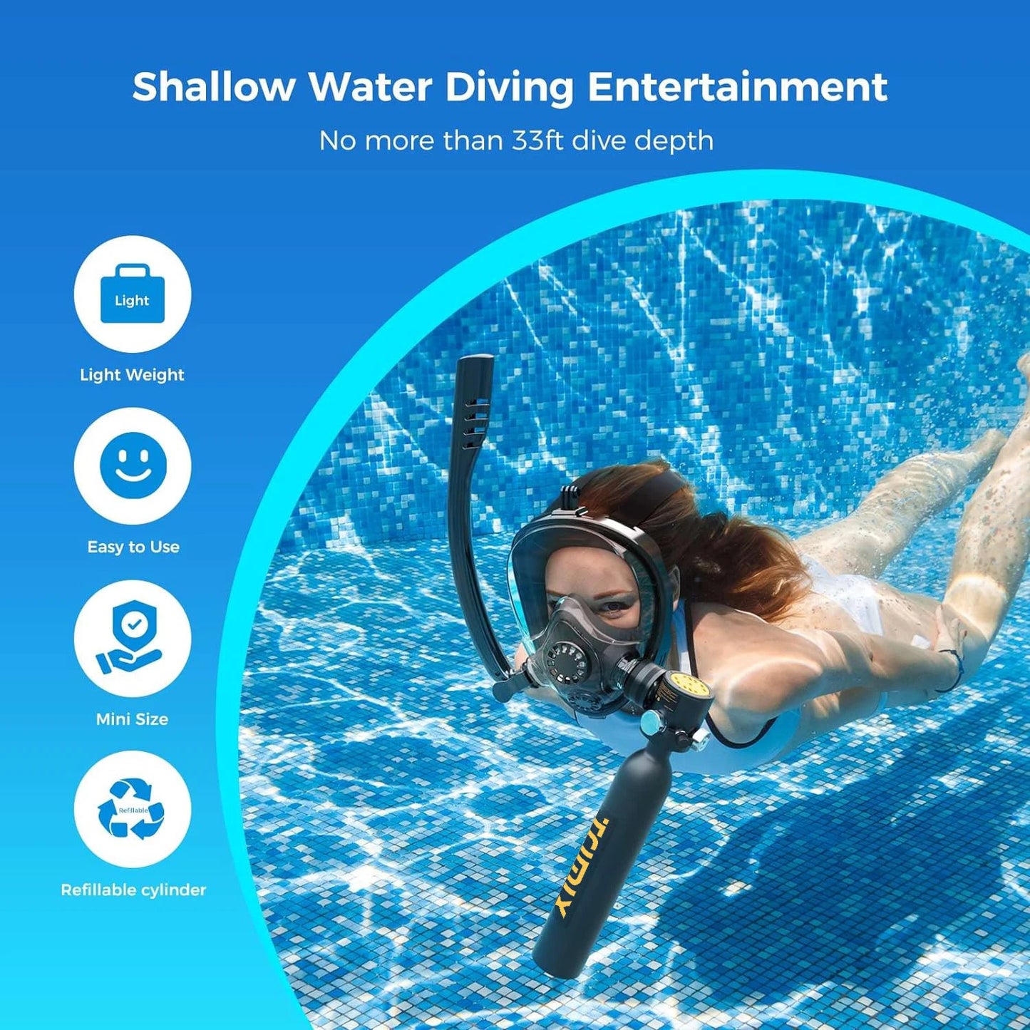 Máscara de mergulho com suprimento de ar para até 10 minutos de respiração subaquática, 0,5L para 5 metros de profundidade